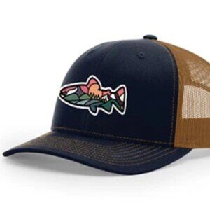 Atomic Child Trout Trucker Cap Navy Khaki Outdoorsy Fisherman Nature